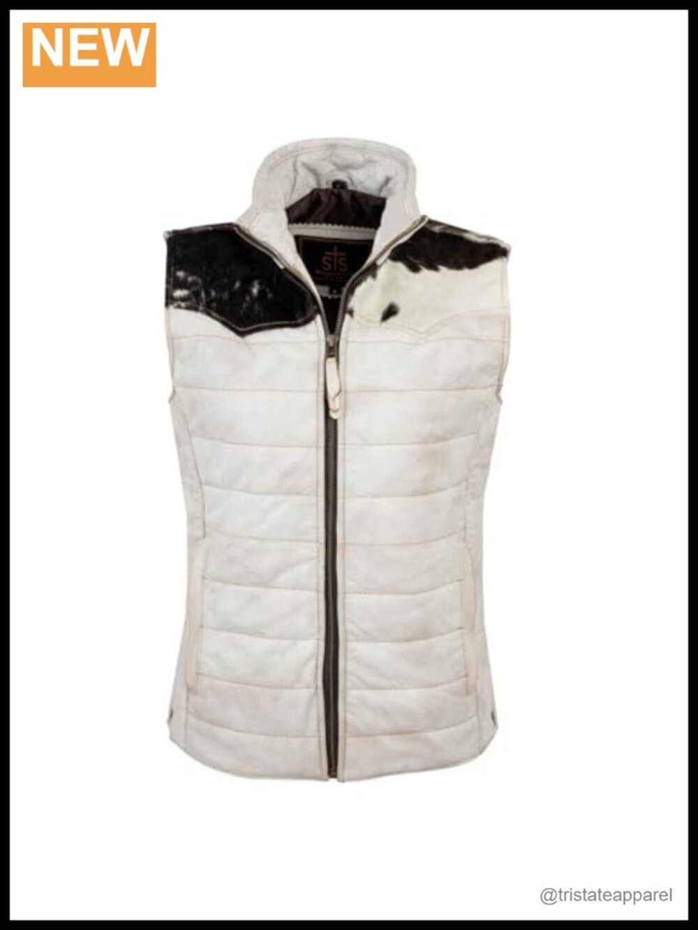 Women's Quilted Leather Vest with Hair on Hide Yoke, Zip Front